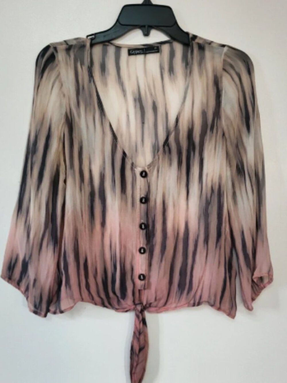 Gypsy Silk Sheer Tie-Front Abstract Crop Blouse - Size XS